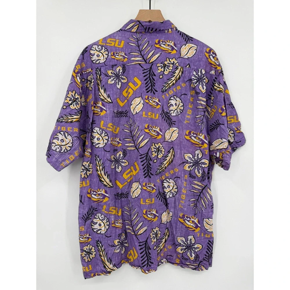 LSU Tigers Shirt Mens XXL Purple Floral Hawaiian Button Up Cotton Vacation - Picture 3 of 8